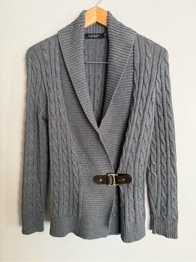 Lauren Ralph Lauren Women’s M Gray Cable-Knit Shawl Collar Cardigan with Buckle